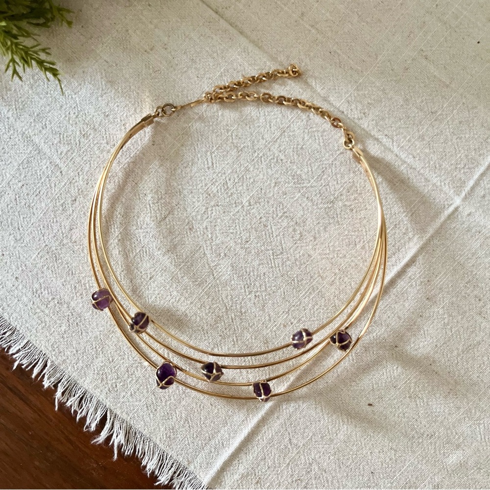 Vintage Fancy Gold Filled Wire Natural Amethyst Choker Necklace